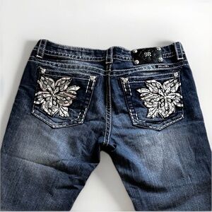 Miss Me Bootcut Jeans 31 Blue Embellished Butterfly Flap Pocket Stretch Denim
